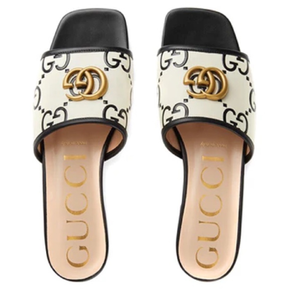 Gucci Jolie GG Marmont Slide Sandal Black White Leather size 39.5 - Picture 6 of 16